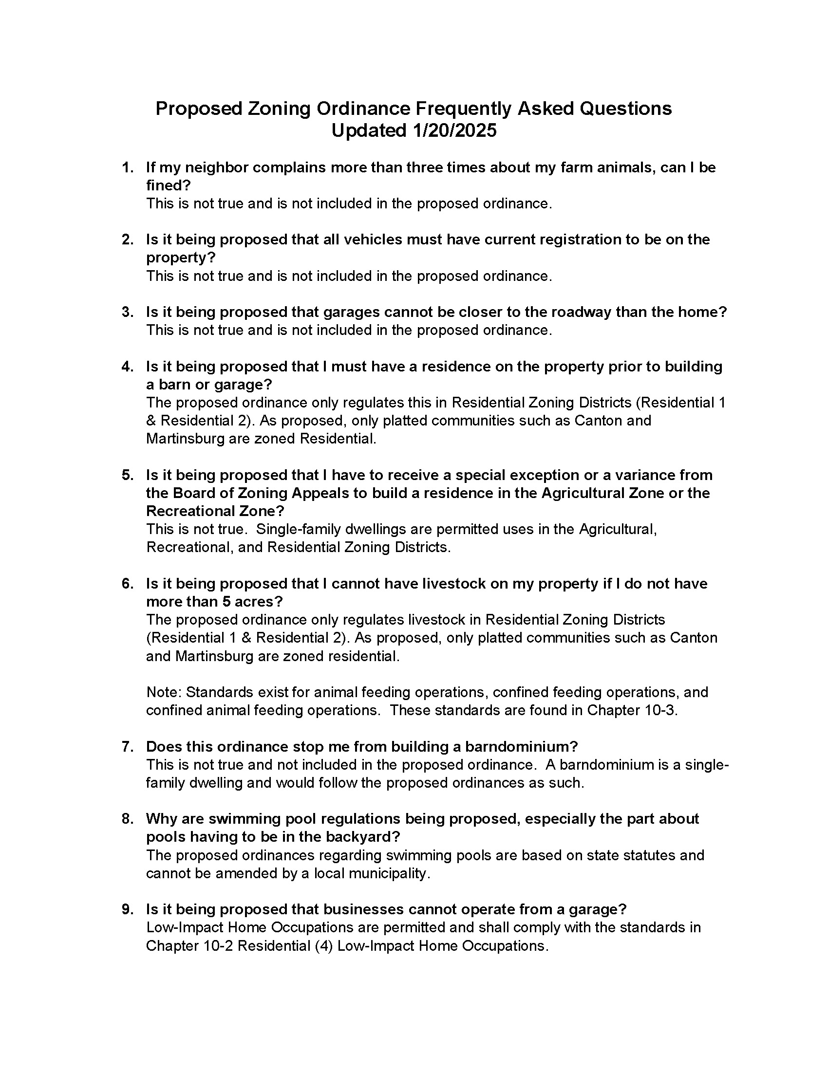 Proposed Zoning Ordinance Frequently Asked Questions Page 1